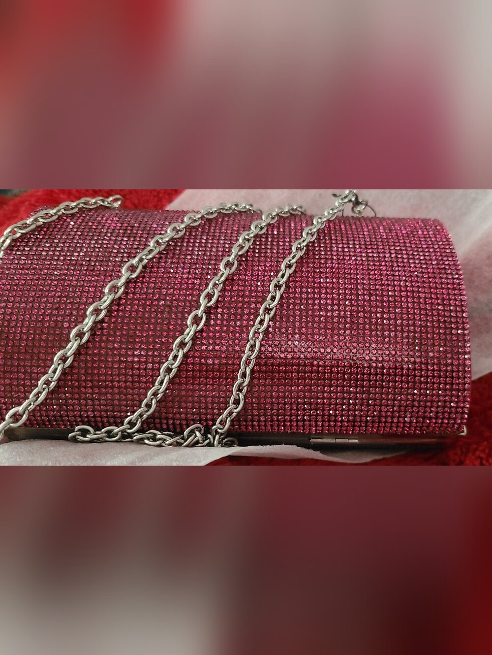 INC* Fuschia Colored Sequin Clutch Purse with Silver Chain Strap. Hard Shell